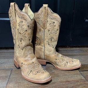 Corral Womens Square Toe Cowboy Boots - Tan Studded 8.5